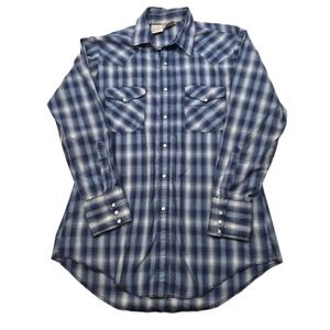 Western Frontier Pearl Snap Western Shirt Mens Medium Blue Plaid‎ Long Sleeve